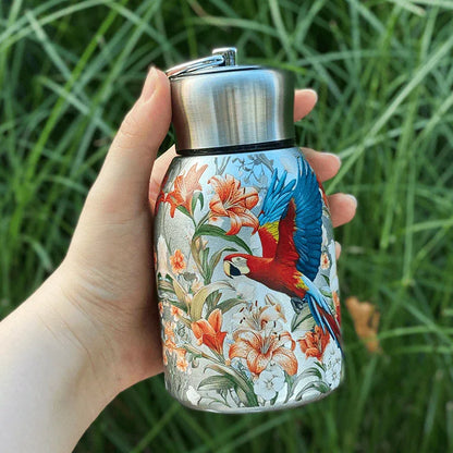 1pc Stainless Steel Vacuum Insulated Tumbler with Bird/Parrot/Leopard Pattern, 10oz Leak-Proof Travel Mug, Glossy Finish, Portable Handle, Artistic Drinkware, Perfect for Outdoor, Gym, Office, Ideal Holiday Gift for Christmas