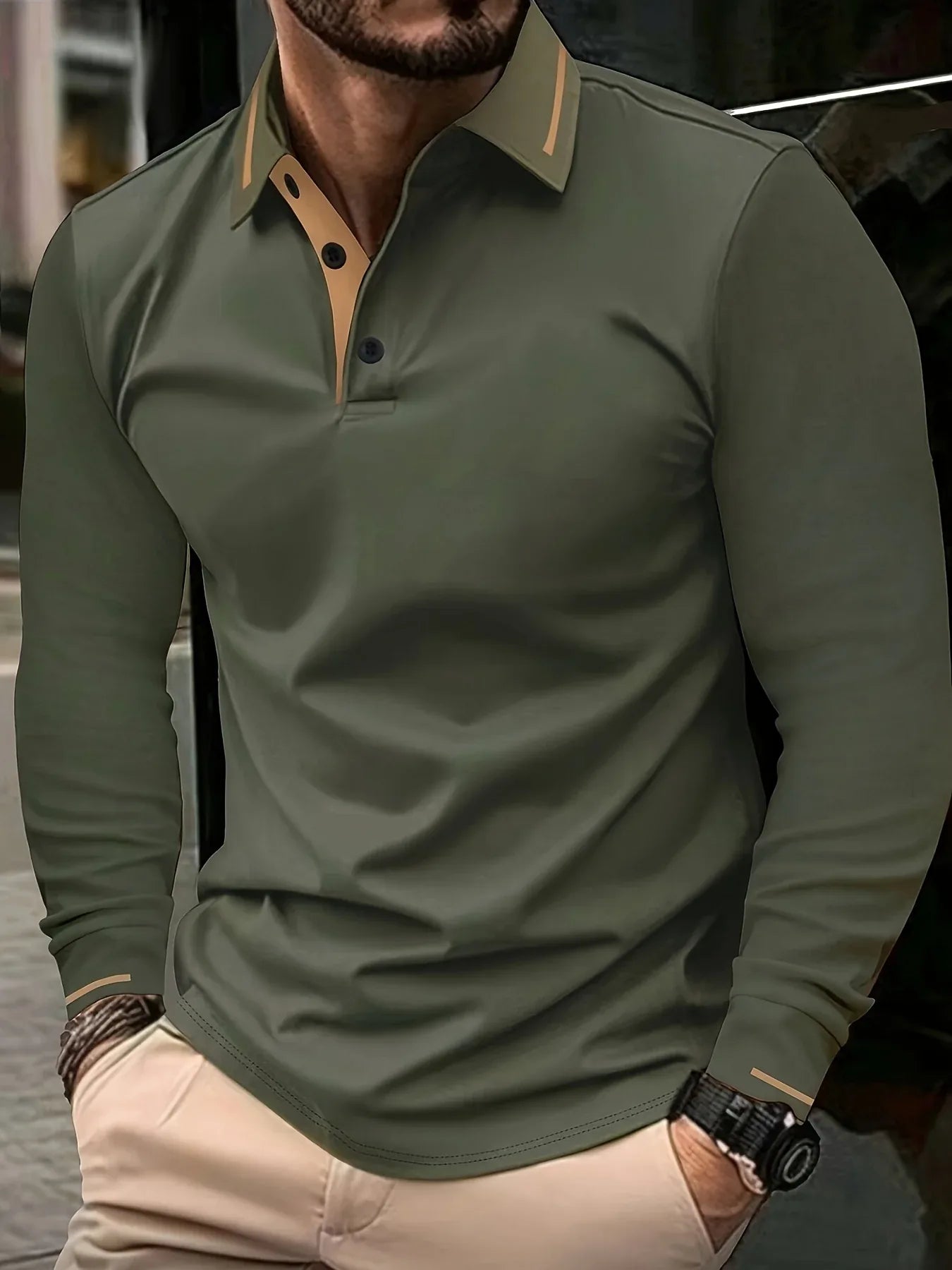 Ribbed Stretch Long Sleeve Polo