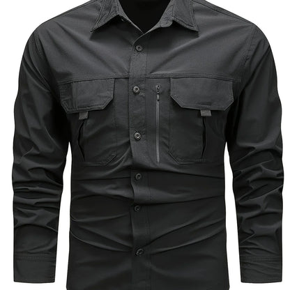 Spring And Autumn Casual Men's Long Sleeve Sunscreen Quick-drying Shirt With Multi-pockets For Outdoor Fishing