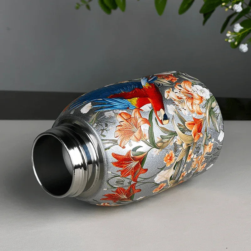 1pc Stainless Steel Vacuum Insulated Tumbler with Bird/Parrot/Leopard Pattern, 10oz Leak-Proof Travel Mug, Glossy Finish, Portable Handle, Artistic Drinkware, Perfect for Outdoor, Gym, Office, Ideal Holiday Gift for Christmas