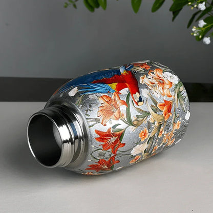 1pc Stainless Steel Vacuum Insulated Tumbler with Bird/Parrot/Leopard Pattern, 10oz Leak-Proof Travel Mug, Glossy Finish, Portable Handle, Artistic Drinkware, Perfect for Outdoor, Gym, Office, Ideal Holiday Gift for Christmas