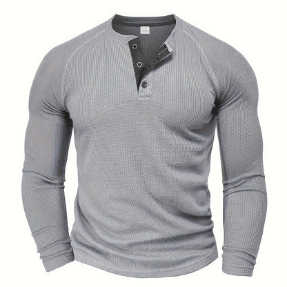 Men'S Long Sleeve T-Shirt Round Neck Open Style Pullover Henley Shirt Men'S Solid Color Fashion Versatile Top - Light Grey / NZ 36