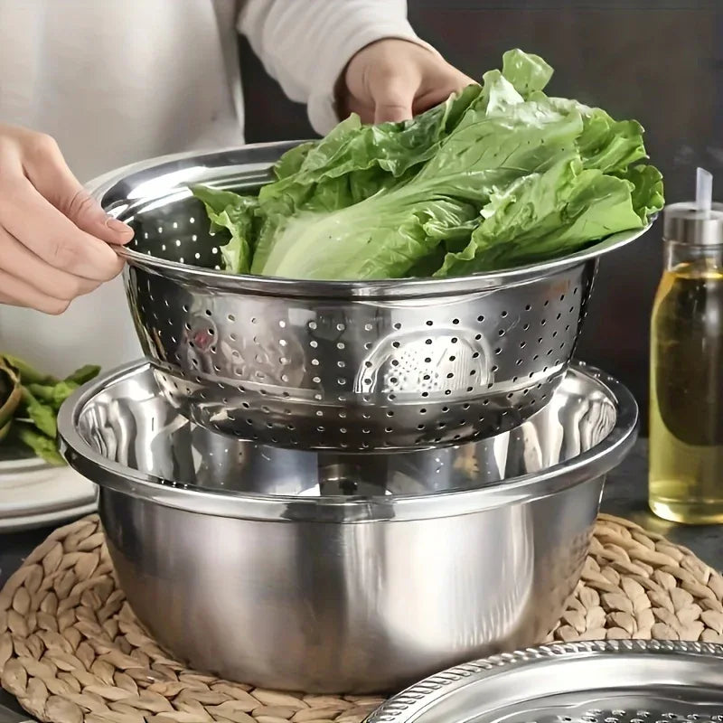 Montero Milan 3pcs HEROBABY Stainless Steel Kitchen Prep Set with Integrated Grinder, Multifunctional Filter & Mixing Bowl - Heavy-Duty 201 Grade Dishwasher- Drainage System for Slicing, Chopping Fruits, Vegetables, Cheese (All-in-One