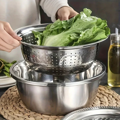 Montero Milan 3pcs HEROBABY Stainless Steel Kitchen Prep Set with Integrated Grinder, Multifunctional Filter & Mixing Bowl - Heavy-Duty 201 Grade Dishwasher- Drainage System for Slicing, Chopping Fruits, Vegetables, Cheese (All-in-One
