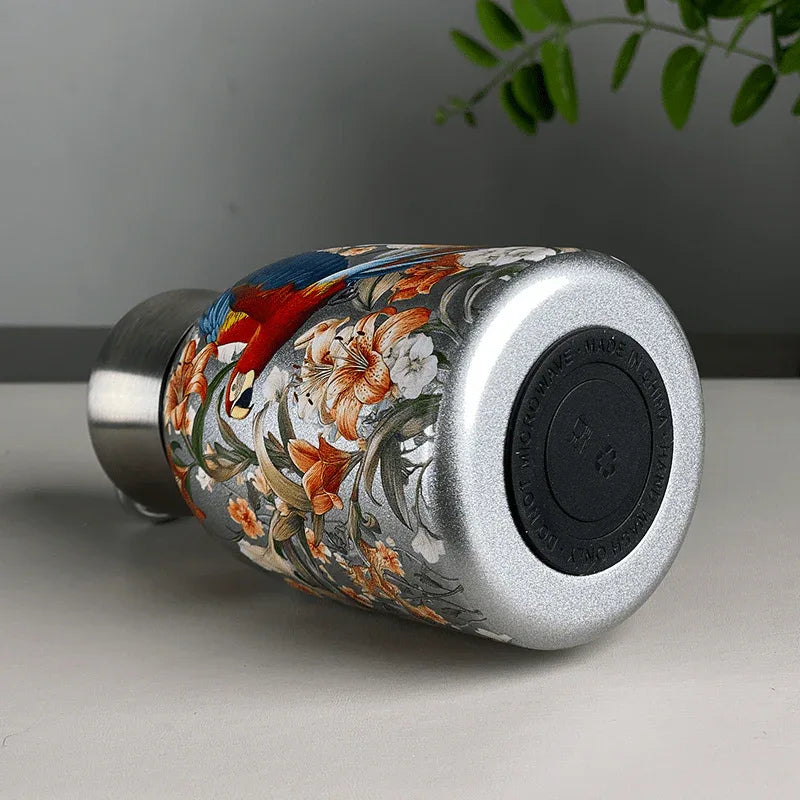 1pc Stainless Steel Vacuum Insulated Tumbler with Bird/Parrot/Leopard Pattern, 10oz Leak-Proof Travel Mug, Glossy Finish, Portable Handle, Artistic Drinkware, Perfect for Outdoor, Gym, Office, Ideal Holiday Gift for Christmas