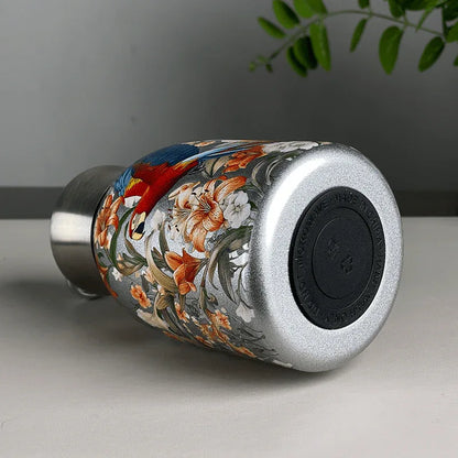 1pc Stainless Steel Vacuum Insulated Tumbler with Bird/Parrot/Leopard Pattern, 10oz Leak-Proof Travel Mug, Glossy Finish, Portable Handle, Artistic Drinkware, Perfect for Outdoor, Gym, Office, Ideal Holiday Gift for Christmas