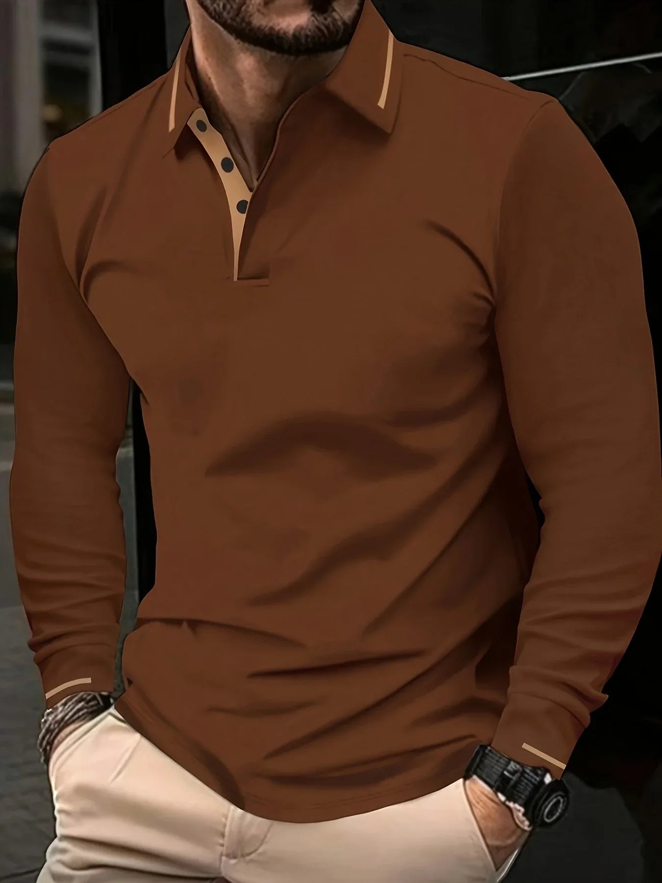 Ribbed Stretch Long Sleeve Polo