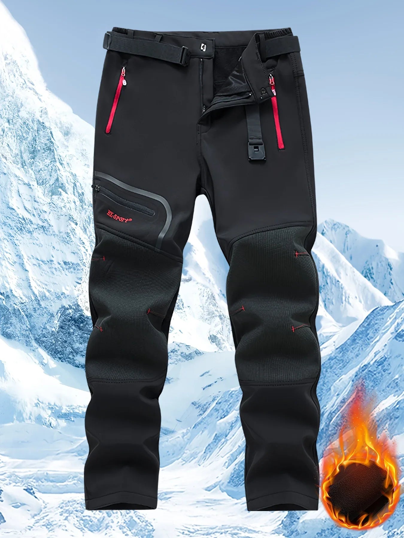 Men's Warm Windproof Cargo Pants with Belt & Zippered Pockets - Olive Green, Black & Yellow Accents, Perfect for Winter Outdoor Activities & Casual Wear, Winter Clothes