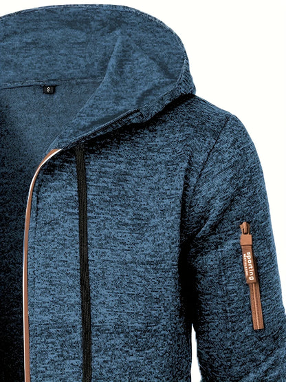 Men'S Hooded Zip-Up Sweater Jacket - Long Sleeve Thin Fleece-Lined Casual Outerwear with Front Pockets, Solid Black, Regular Fit for Fall & Winter, Autumn Winter Apparel | Hooded Sweater | Zippered Jacket, Knit, Men Hoodie Zi