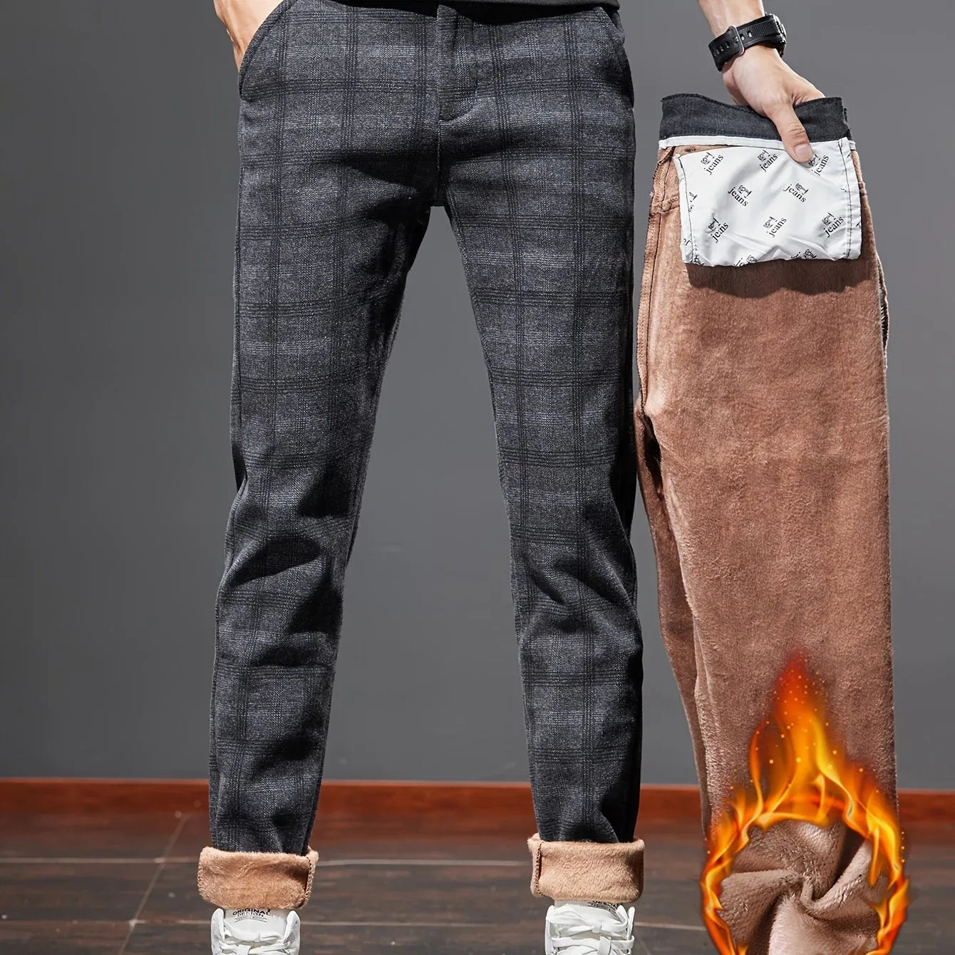 Men's Slim-Fit Plaid Casual Pants - Stretchy, Warm Fleece-Lined for Fall/Winter, Machine Washable