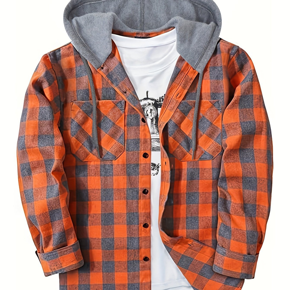 Men's Fashion Hooded Plaid Trendy Shirt Hooded Plaid Sweatshirt, Autumn/Winter Essentials, New Season - Orange-Red / NZ 40