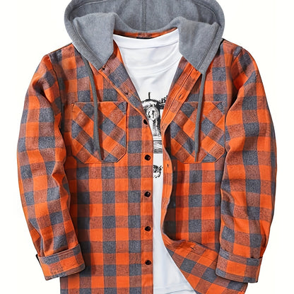 Men's Fashion Hooded Plaid Trendy Shirt Hooded Plaid Sweatshirt, Autumn/Winter Essentials, New Season - Orange-Red / NZ 40
