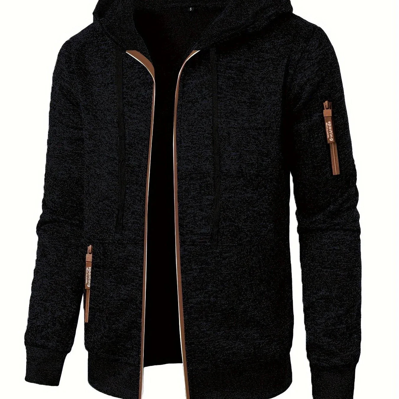 Men'S Hooded Zip-Up Sweater Jacket - Long Sleeve Thin Fleece-Lined Casual Outerwear with Front Pockets, Solid Black, Regular Fit for Fall & Winter, Autumn Winter Apparel | Hooded Sweater | Zippered Jacket, Knit, Men Hoodie Zi