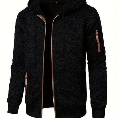 Men'S Hooded Zip-Up Sweater Jacket - Long Sleeve Thin Fleece-Lined Casual Outerwear with Front Pockets, Solid Black, Regular Fit for Fall & Winter, Autumn Winter Apparel | Hooded Sweater | Zippered Jacket, Knit, Men Hoodie Zi