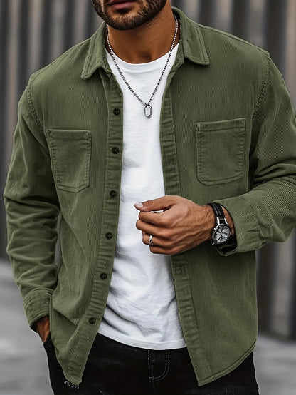 Men'S Corduroy Casual Shirt Jacket - Classic Collar, Button-Up Long Sleeve with Double Chest Pockets, Light Blue, Perfect for Spring & Fall, Everyday Fashion, Street Style, and Office Wear