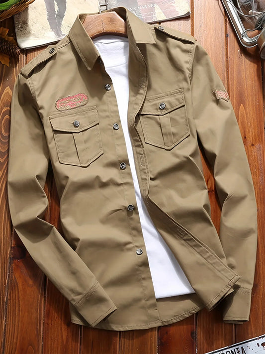 New Men'S Long-Sleeve Shirts for Spring And Autumn, Suitable for Business And Casual Wear, Featuring Shoulder Patches, Stylish for Young Men, Solid Color, Comfortable, Versatile, And Designed to Enhance Height And Slimness.