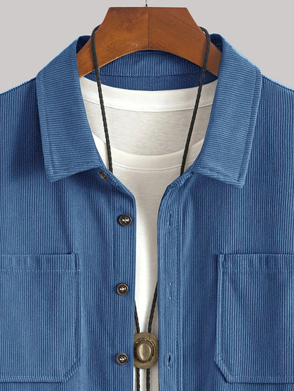 Men'S Corduroy Casual Shirt Jacket - Classic Collar, Button-Up Long Sleeve with Double Chest Pockets, Light Blue, Perfect for Spring & Fall, Everyday Fashion, Street Style, and Office Wear