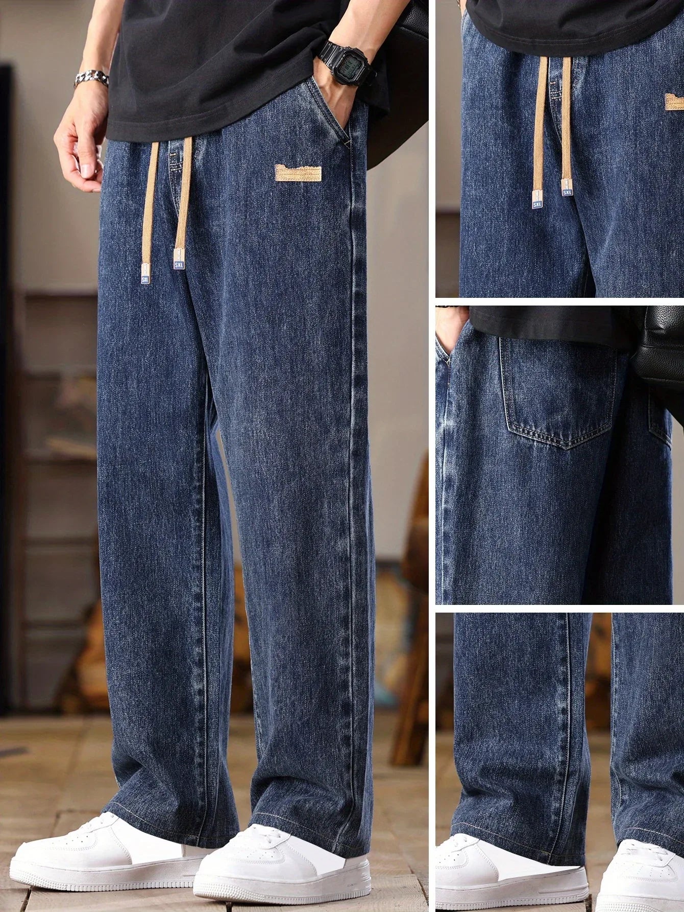 Men's Korean Style Light Blue Jeans 2025 Spring/Autumn New Washed Durable Comfortable Drawstring Straight-Leg Pants, Stylish and Versatile Casual Trousers Suitable for All Seasons by Gengyuan