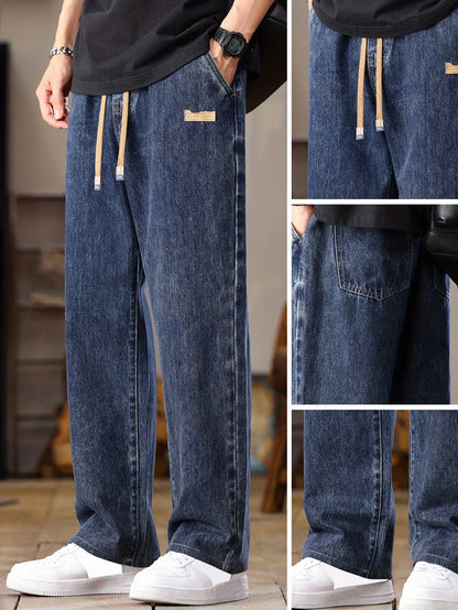 Men's Korean Style Light Blue Jeans 2025 Spring/Autumn New Washed Durable Comfortable Drawstring Straight-Leg Pants, Stylish and Versatile Casual Trousers Suitable for All Seasons by Gengyuan