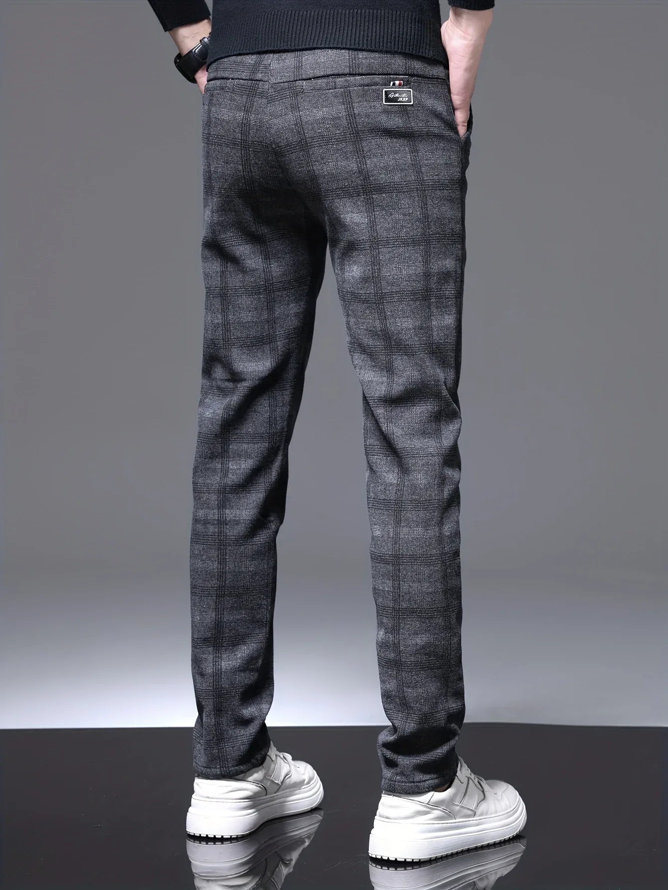 Men's Slim-Fit Plaid Casual Pants - Stretchy, Warm Fleece-Lined for Fall/Winter, Machine Washable