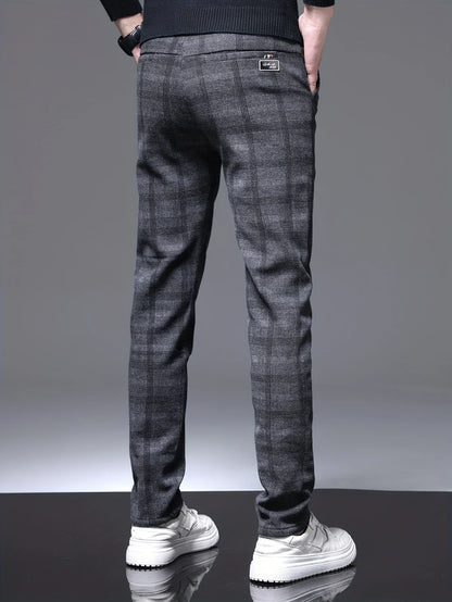 Men's Slim-Fit Plaid Casual Pants - Stretchy, Warm Fleece-Lined for Fall/Winter, Machine Washable