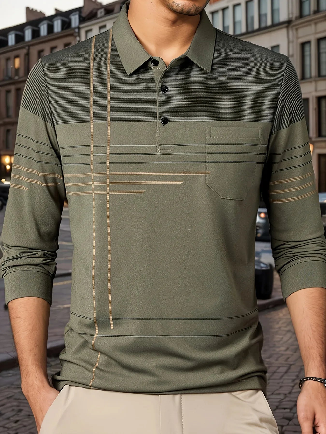 Men's Vintage-Inspired Striped Shirt with Chest Pocket - Breathable, Long Sleeve, Button Detail for Golf & Outdoor Activities