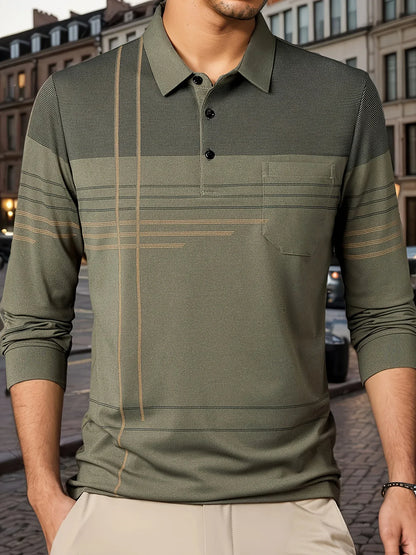 Men's Vintage-Inspired Striped Shirt with Chest Pocket - Breathable, Long Sleeve, Button Detail for Golf & Outdoor Activities