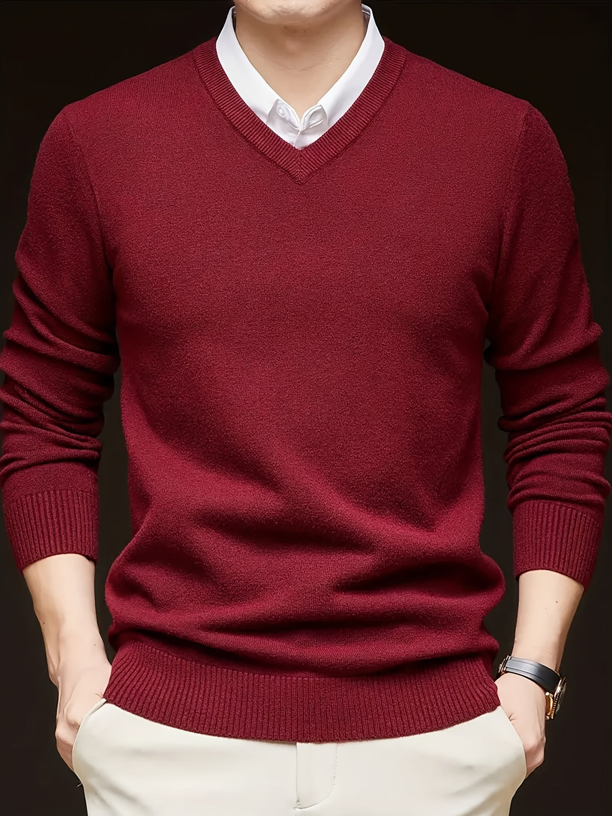 Cross-Border New Autumn Winter Men'S Solid Color V-Neck Knit Sweater Pullover (Men'S Warm Top)