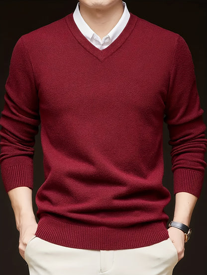 Cross-Border New Autumn Winter Men'S Solid Color V-Neck Knit Sweater Pullover (Men'S Warm Top)