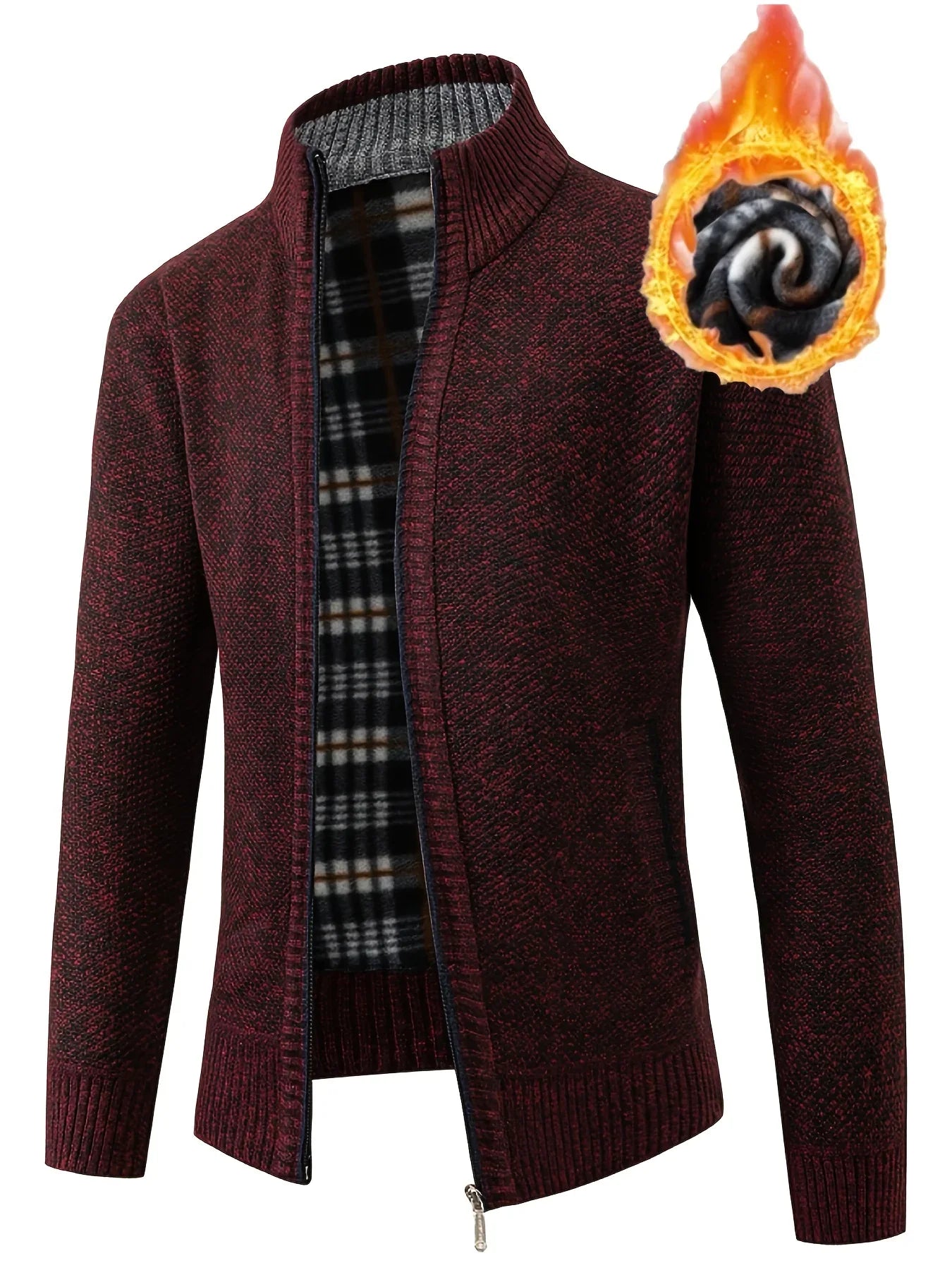Men'S Thick Fleece Zip-Up Cardigan - Casual Long Sleeve Knit Sweater with Stand Collar, Solid Color, Regular Fit for Fall/Winter, Comfortable Layering Piece, Winter Cardigan, Autumn Outerwear, Modern Casualwear, Durable Fabri