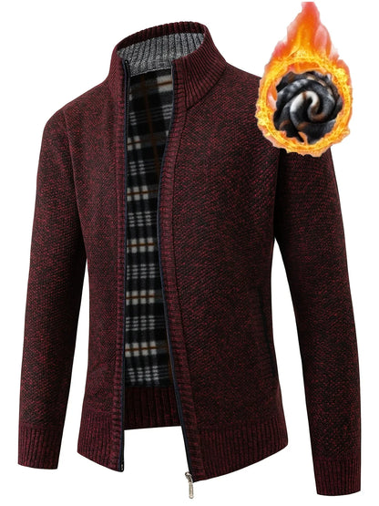 Men'S Thick Fleece Zip-Up Cardigan - Casual Long Sleeve Knit Sweater with Stand Collar, Solid Color, Regular Fit for Fall/Winter, Comfortable Layering Piece, Winter Cardigan, Autumn Outerwear, Modern Casualwear, Durable Fabri