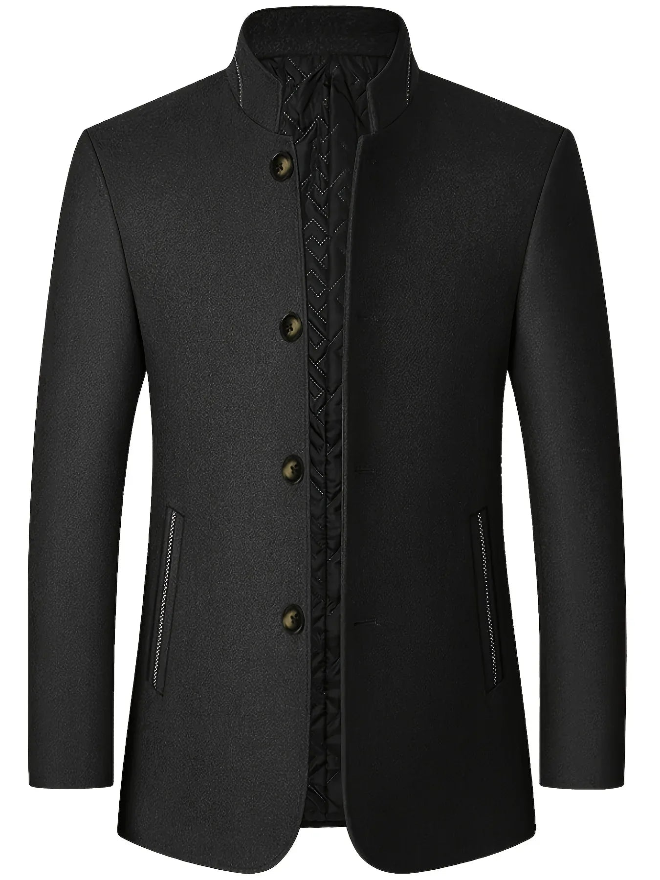Men's Tweed Jacket with Stand Collar - Winter Warm Casual Coat, Single-Breasted Button Front & Pockets, Solid Color Tweed Fabric (Hand Washable) for Outdoor, Office, Smart-Casual - Versatile Cold-Weather Outerwear