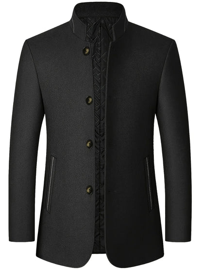 Men's Tweed Jacket with Stand Collar - Winter Warm Casual Coat, Single-Breasted Button Front & Pockets, Solid Color Tweed Fabric (Hand Washable) for Outdoor, Office, Smart-Casual - Versatile Cold-Weather Outerwear