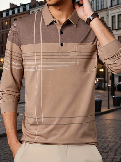 Men's Vintage-Inspired Striped Shirt with Chest Pocket - Breathable, Long Sleeve, Button Detail for Golf & Outdoor Activities