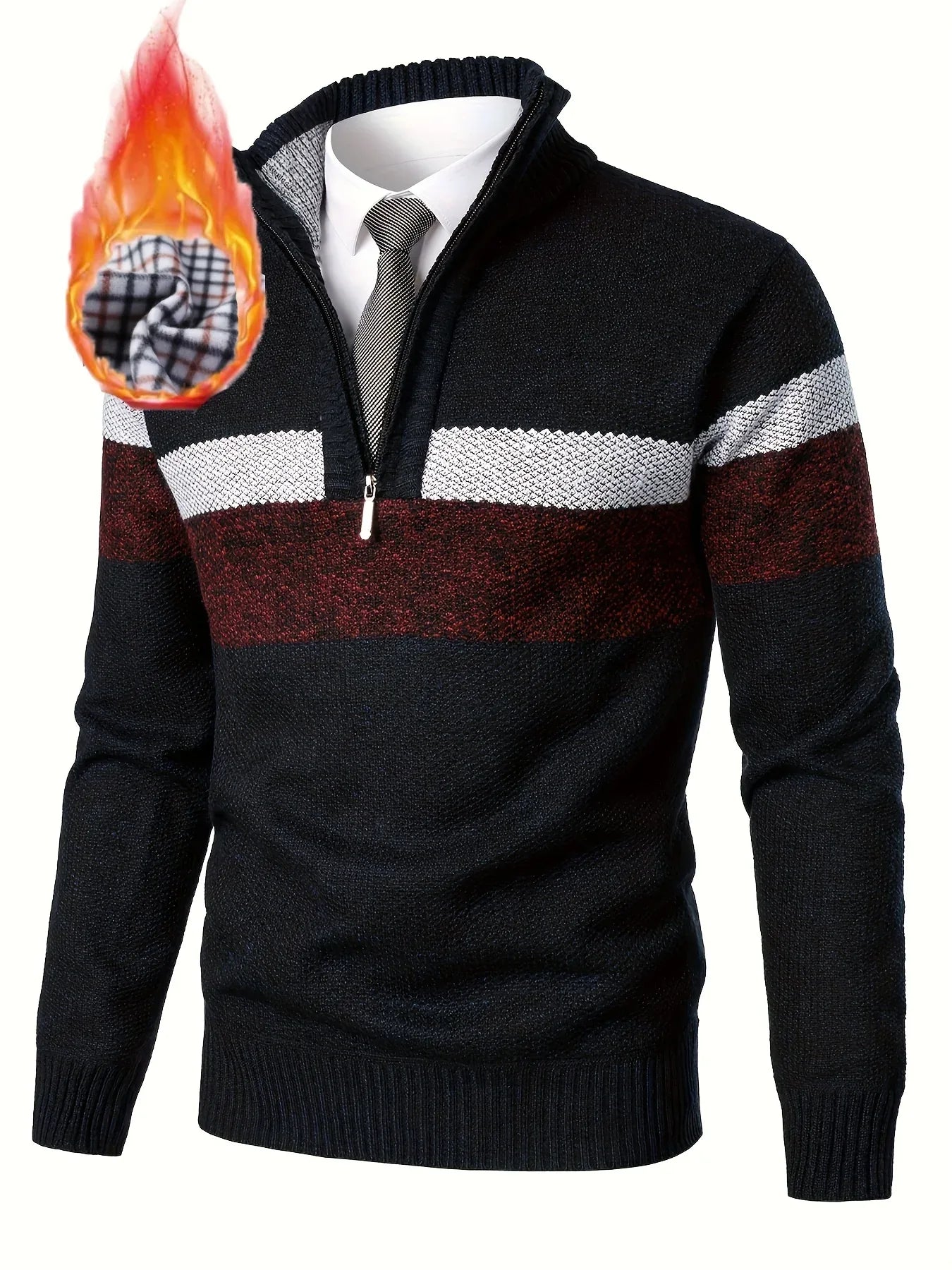 Men'S Color-Blocked Stand Collar Thickened Knitted Pullover Sweater