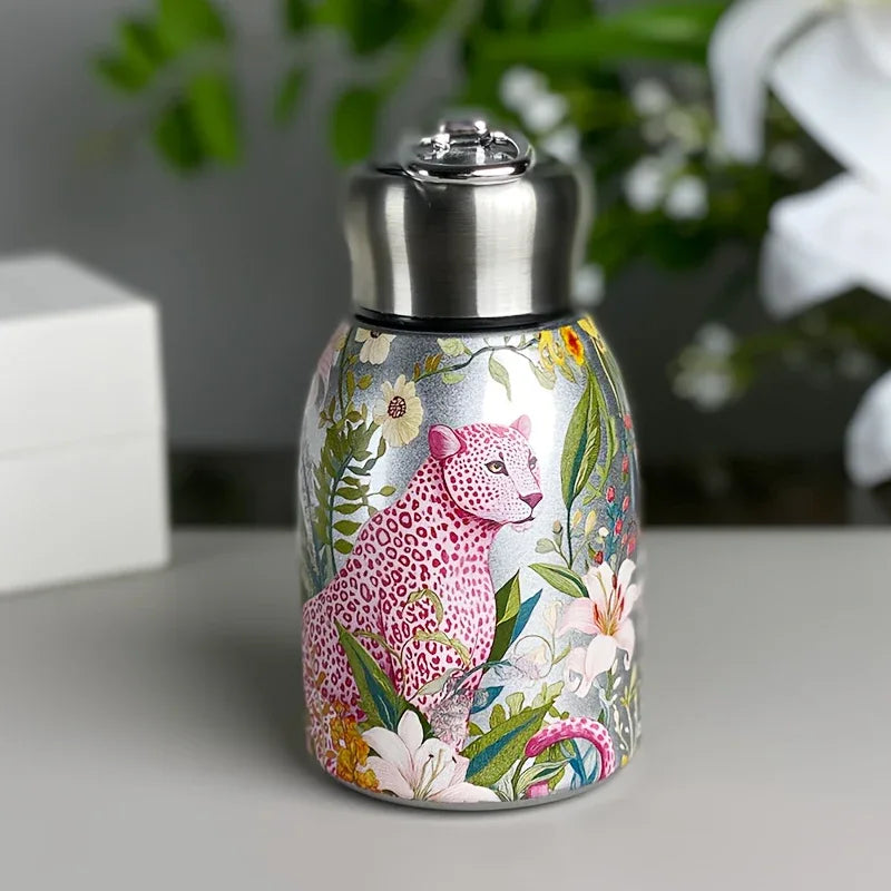 1pc Stainless Steel Vacuum Insulated Tumbler with Bird/Parrot/Leopard Pattern, 10oz Leak-Proof Travel Mug, Glossy Finish, Portable Handle, Artistic Drinkware, Perfect for Outdoor, Gym, Office, Ideal Holiday Gift for Christmas