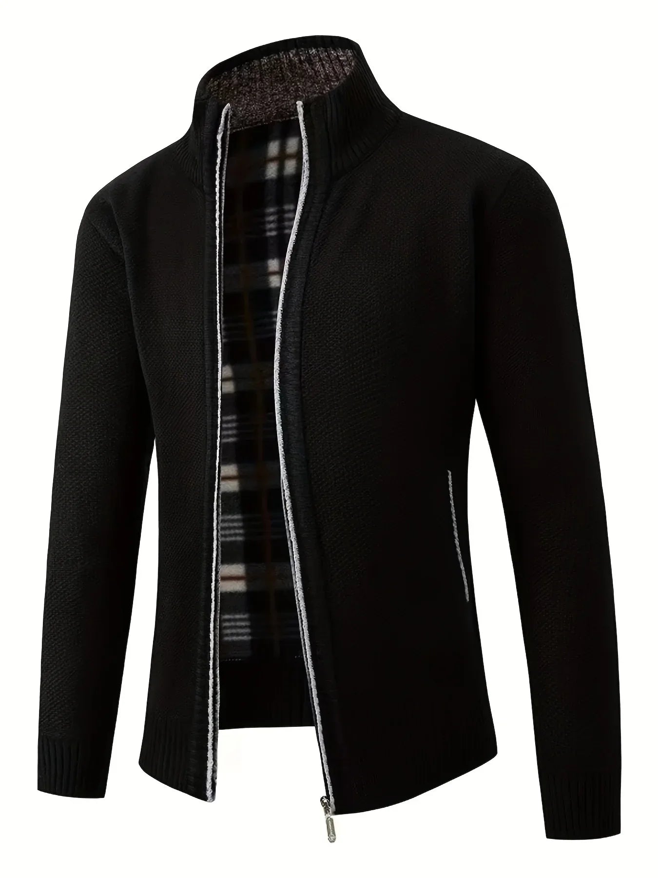 Men'S Thick Fleece Zip-Up Cardigan - Casual Long Sleeve Knit Sweater with Stand Collar, Solid Color, Regular Fit for Fall/Winter, Comfortable Layering Piece, Winter Cardigan, Autumn Outerwear, Modern Casualwear, Durable Fabri