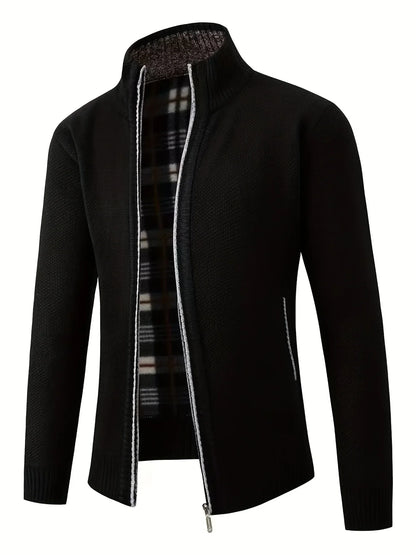 Men'S Thick Fleece Zip-Up Cardigan - Casual Long Sleeve Knit Sweater with Stand Collar, Solid Color, Regular Fit for Fall/Winter, Comfortable Layering Piece, Winter Cardigan, Autumn Outerwear, Modern Casualwear, Durable Fabri