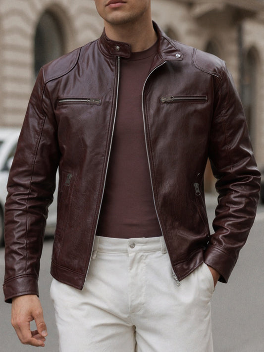 New Autumn/Winter Men's PU Jacket, Small Stand-Up Collar Motorcycle Jacket, Zipper Cardigan with Multiple Pockets, Slim-Fit Outerwear, British-Style Minimalist Solid Color Plus-Size Men's Jacket