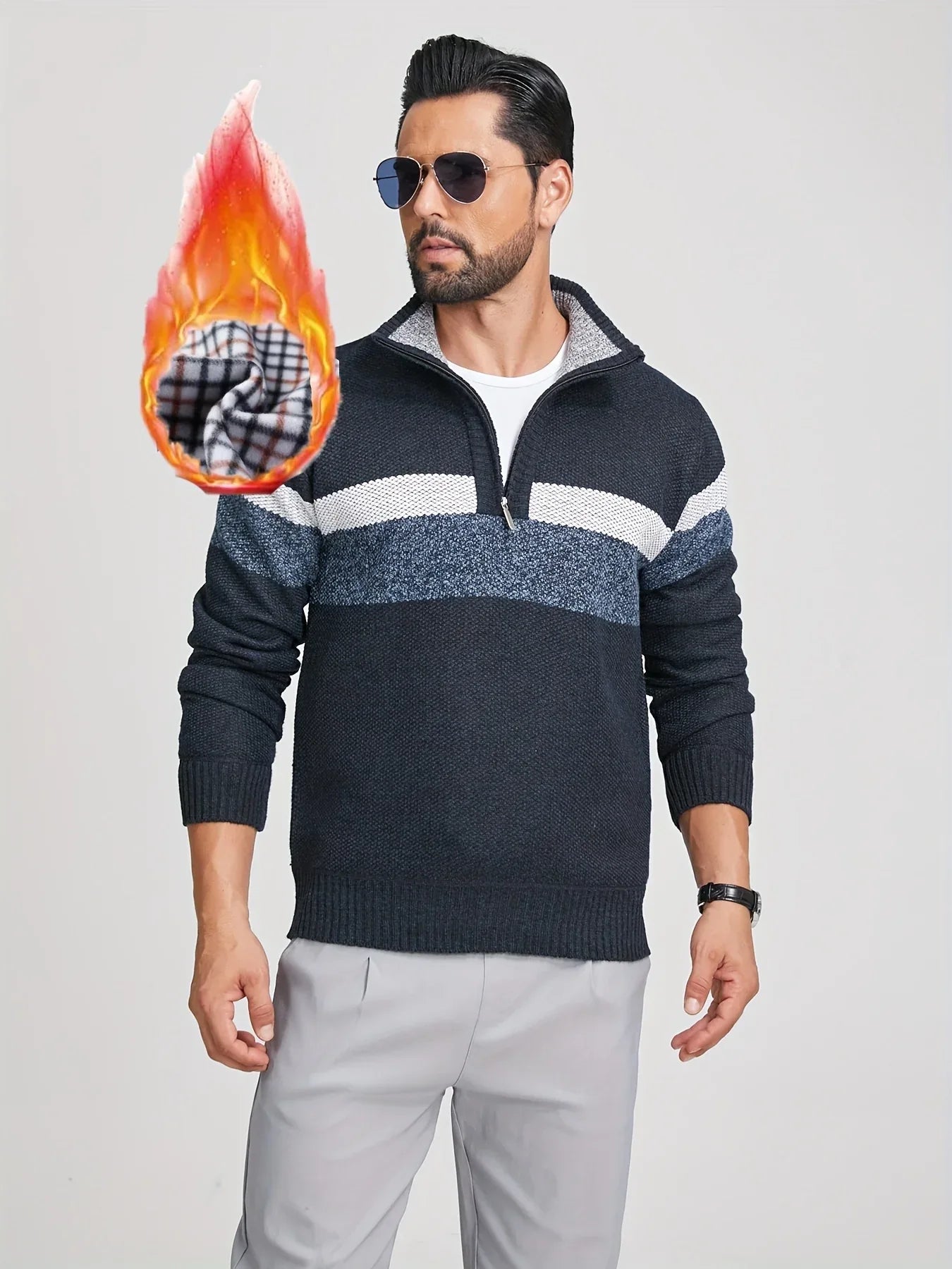 Men'S Color-Blocked Stand Collar Thickened Knitted Pullover Sweater