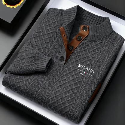 Men'S Autumn-Winter Christmas Stand Collar Jacquard Knit Sweater | Casual Style, 280g/m², High Collar, Button Details, Suitable for Outdoor Leisure and Holiday Gifts
