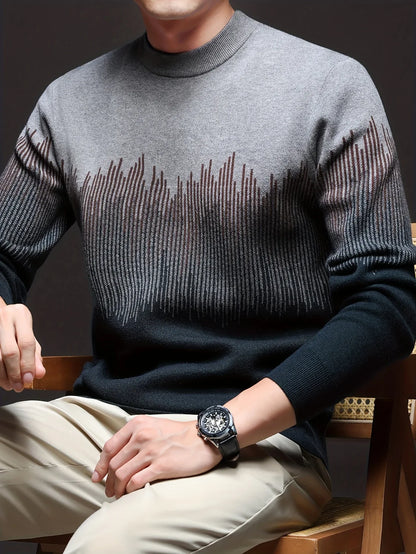 Men's Winter Warm Vertical Stripe Sweater - Dark Grey/Black Gradient Knit Pullover with Tapered Tail Hem, Casual & Outdoor Long Sleeve Round Neck Sweater for,, Office - All-Season Layering (Beige/White)