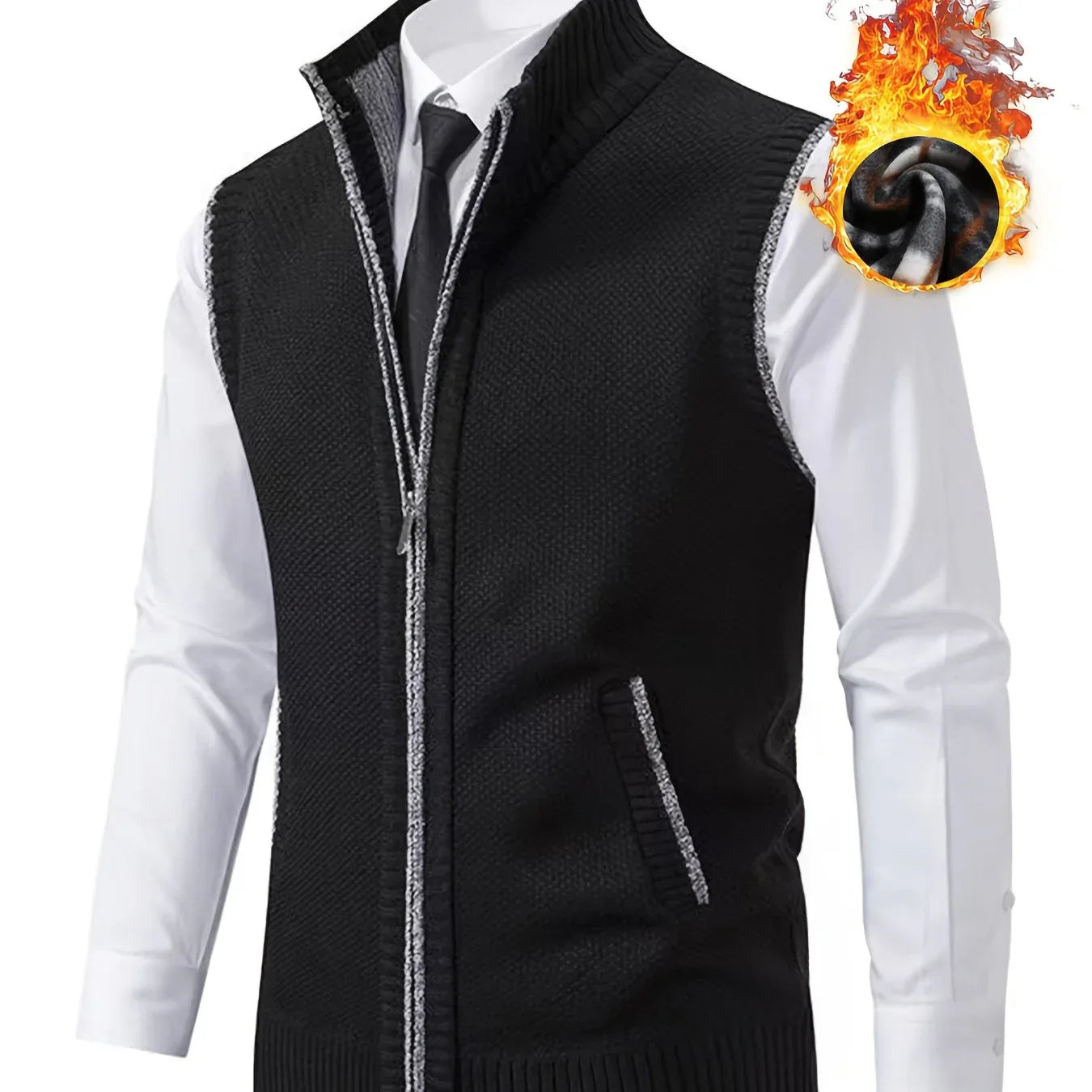 Men's Sleeveless Zip-Front Vest Jacket - Elegant Short-Sleeve Blazer with Collar & Real Pockets, Machine Washable Tailored Fit for Office, Semi-Formal & Casual Wear - Coat (No Belt Required)