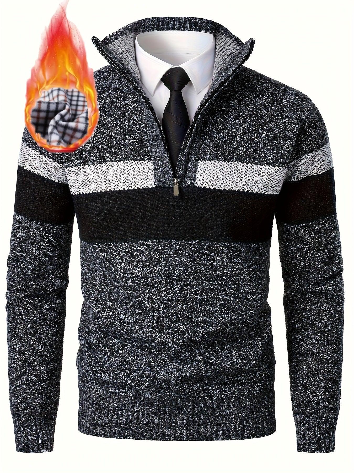Men'S Color-Blocked Stand Collar Thickened Knitted Pullover Sweater