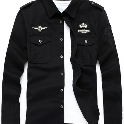 Autumn Long Sleeve Shirt for Men, Outdoor Plus Size Military Style Loose Fit Top, Pure Cotton High-Density Twill Casual Workwear Shirt, Thin Twill Long Sleeve Workwear