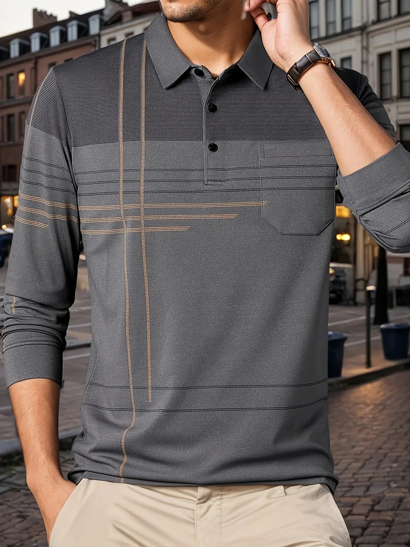 Men's Vintage-Inspired Striped Shirt with Chest Pocket - Breathable, Long Sleeve, Button Detail for Golf & Outdoor Activities