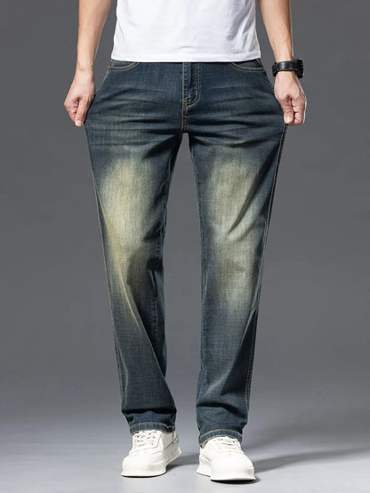 Gengyuanxi High-End Summer Men's Jeans: New Trendy Straight-Leg Stretch Business Casual Long Pants