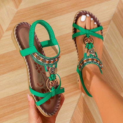 Women's Elegant Rhinestone Butterfly Flat Sandals - Comfortable Slip-On with Secure Elastic Strap for Summer - Montero Milan