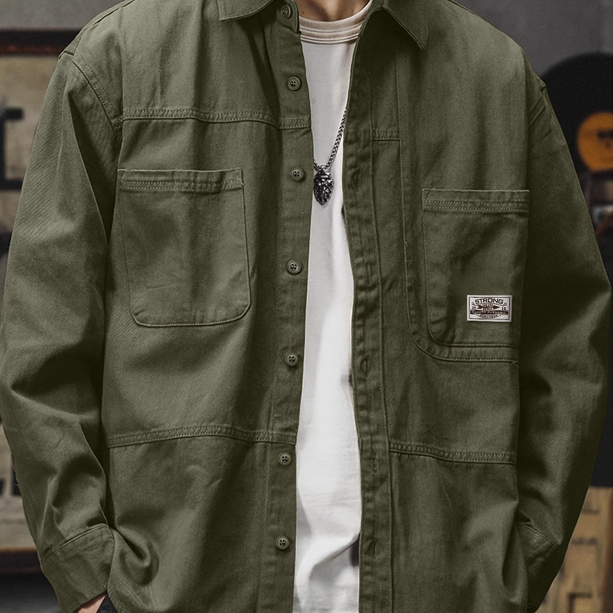Men'S Cargo Shirt Spring Autumn Long Sleeve Top Vintage Workwear Style Multi-Pocket American Casual Top Outerwear, New Season - fern green / NZ 34
