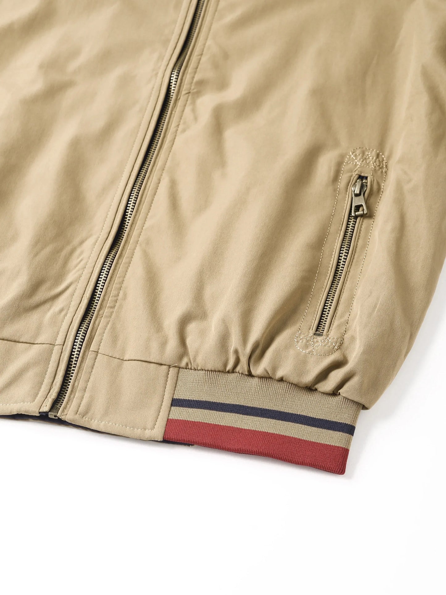 Men's Zip-Up Jacket with Stand Collar - Front Zipper Closure, Beige/ Navy Color Block, Lightweight Polyester Outer Coat for Casual & Formal Events - Machine Washable Everyday Outerwear